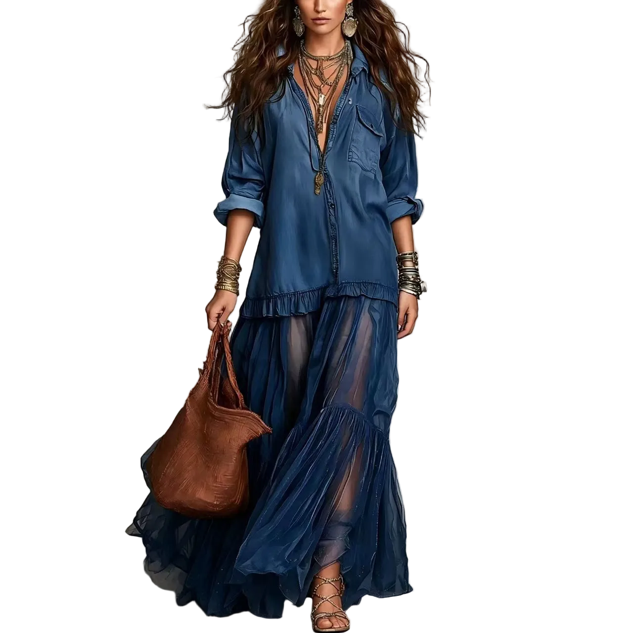 Denim-Look Chiffon Maxi Dress Immagine principale del prodotto