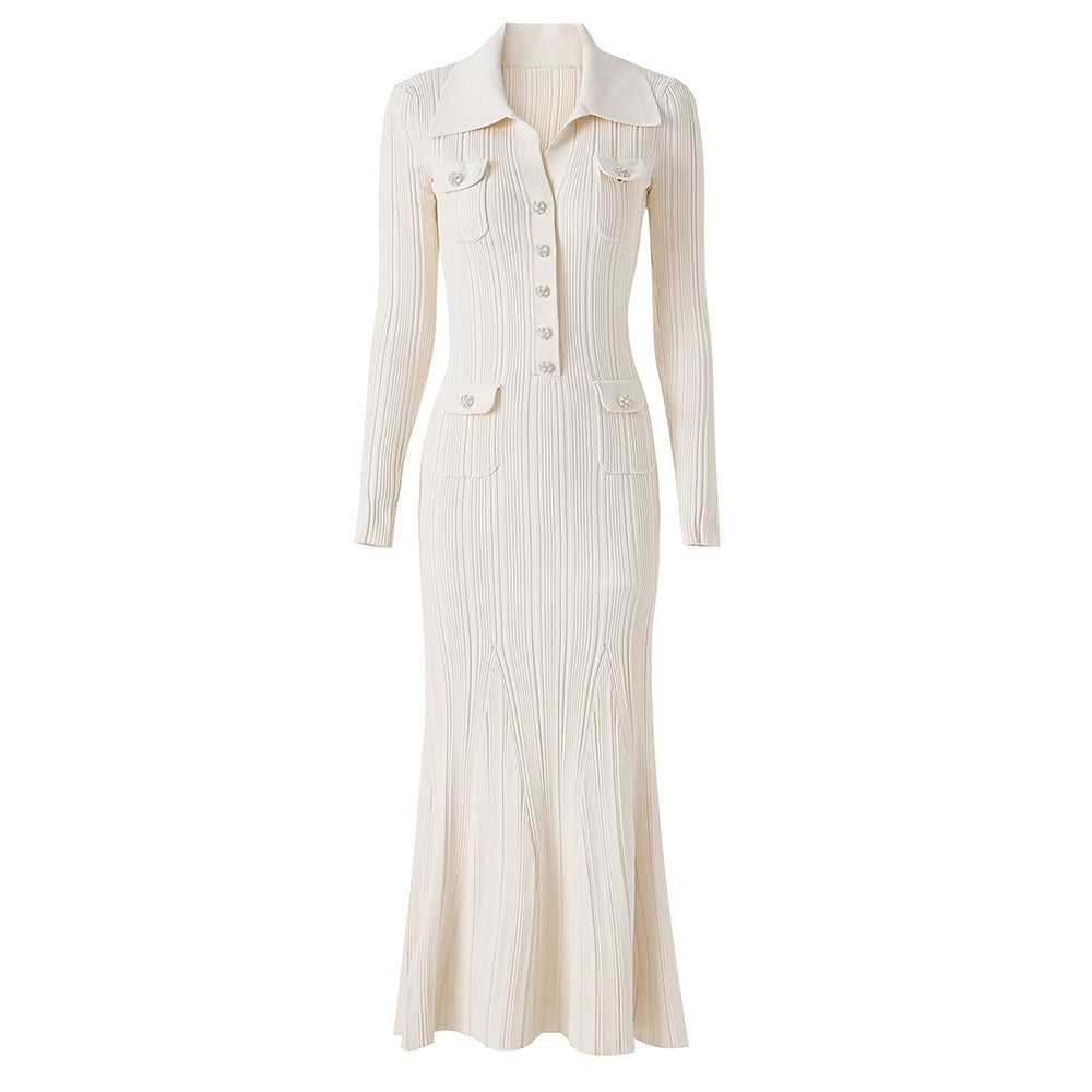 Knitted Diamond-Button Long Sleeve Maxi Dress for Women, Pocketed Main image