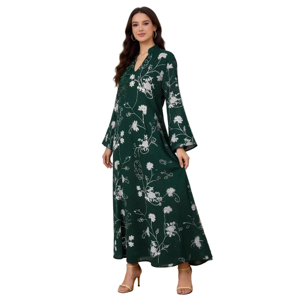 Embroidered V-Neck Maxi Dress for women with V neck and long sleeves