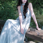 Sheer Backless Halter Maxi Beach Dress for Women, Sleeveless