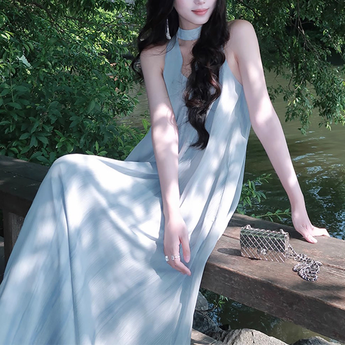 Sheer Backless Halter Maxi Beach Dress for Women, Sleeveless