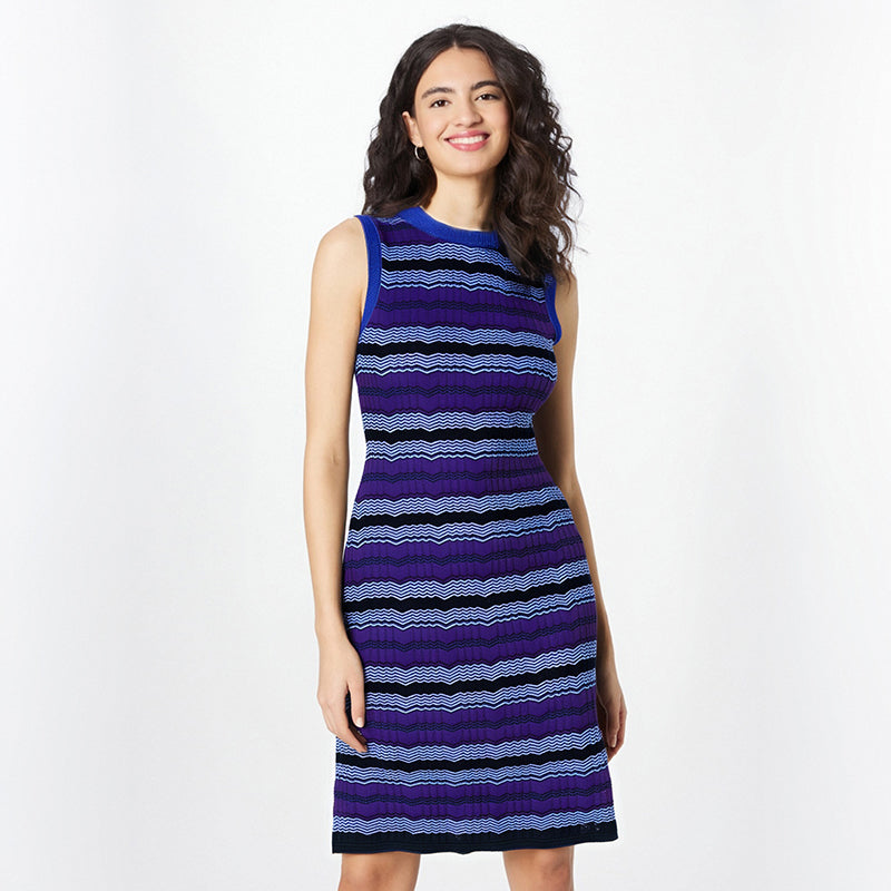Striped Jacquard Knitted Sleeveless Waist-Cinching Dress for Women