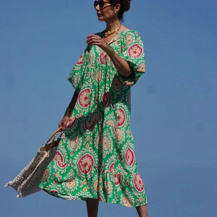 Bohemian Print Long Sleeve Flowy Maxi Dress for Women