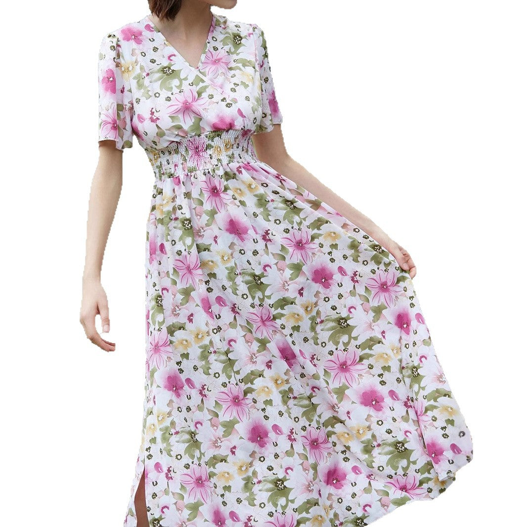 White Floral V-Neck Maxi Dress for women with a V neck design Main image