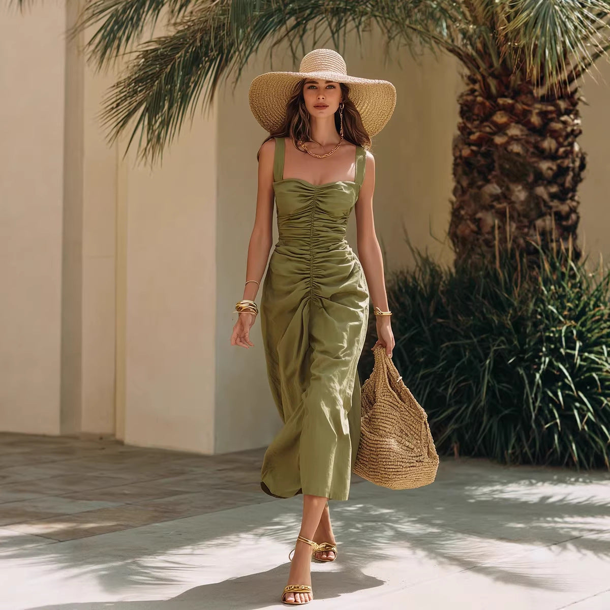 Pleated-Waist Strapless Maxi Dress for Women, Fitted
