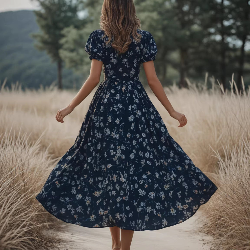 Floral V-Neck Loose Short-Sleeve Maxi Dress for Women
