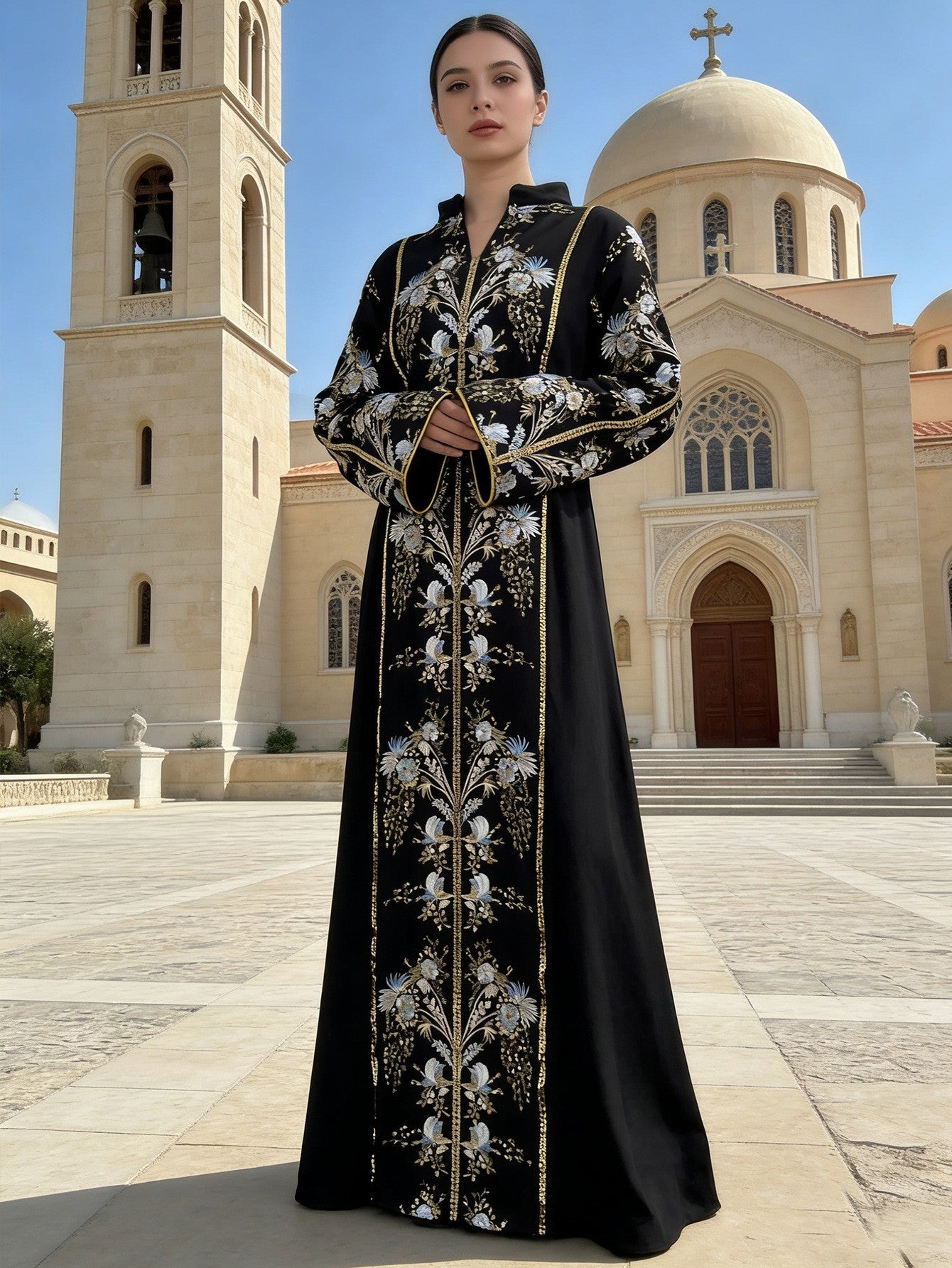 Floral Embroidered V-Neck Maxi Dress