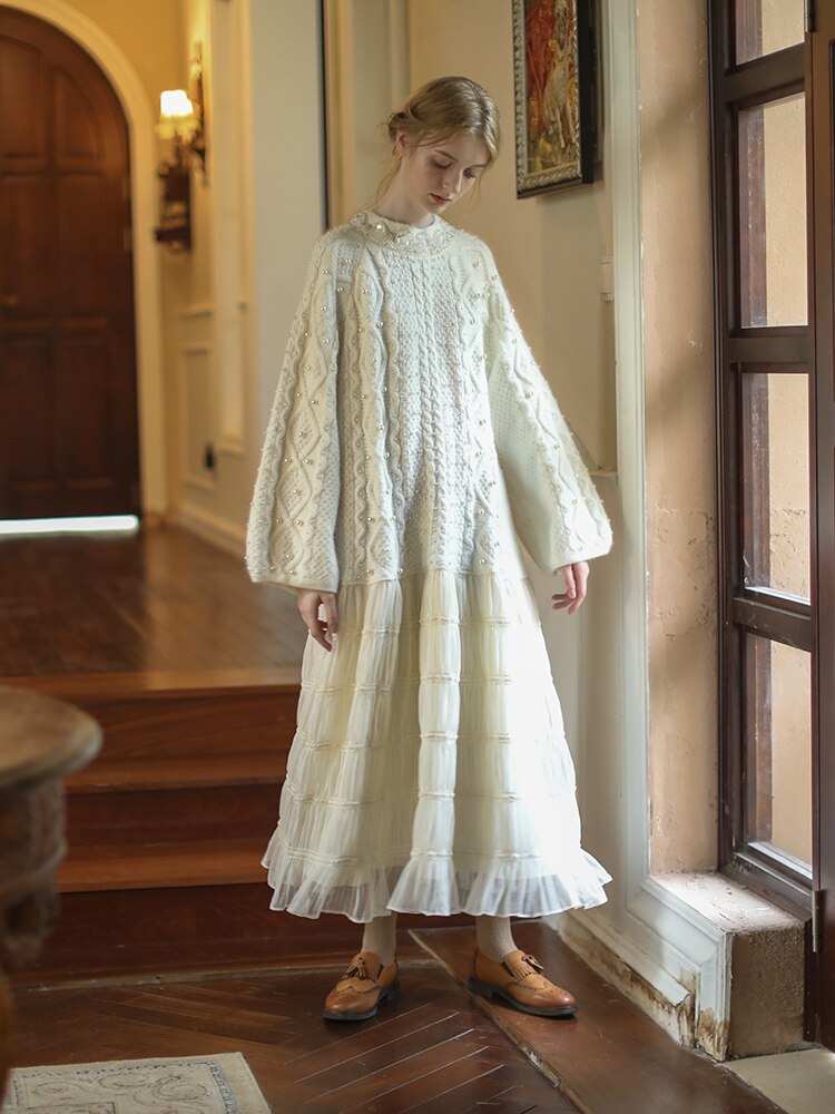 Handmade Beaded Wool Sweater Dress with Full Skirt in White