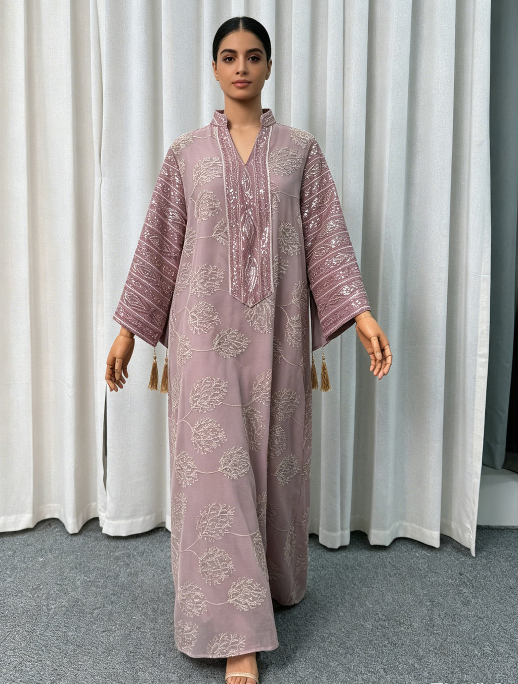 Long-Sleeve Embroidered Floral Maxi Dress