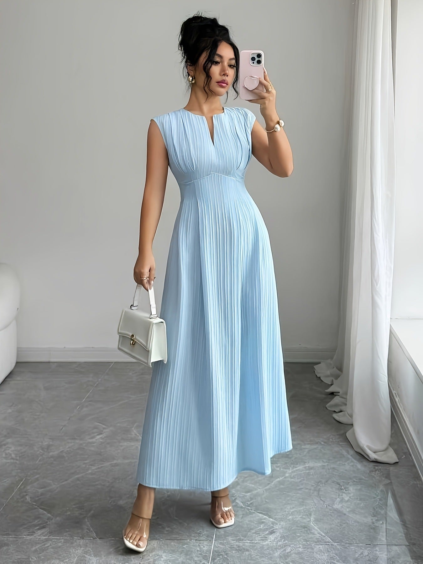 Pleated V-Neck Maxi Dress