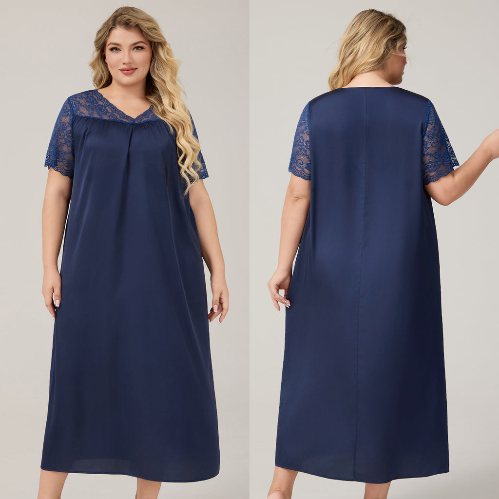 Satin Chiffon Long Nightdress for Women, Short Sleeve V-Neck, Plus Size