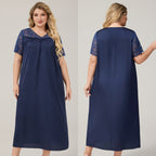 Satin Chiffon Long Nightdress for Women, Short Sleeve V-Neck, Plus Size