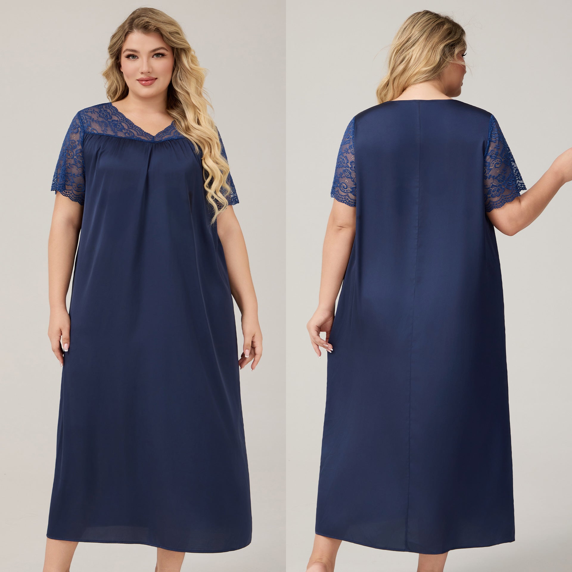 Satin Chiffon Long Nightdress for Women, Short Sleeve V-Neck, Plus Size