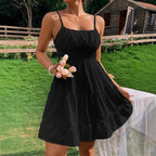 Swiss Dot Strap Umbrella-Skirt Mini Dress for Women, High Waist