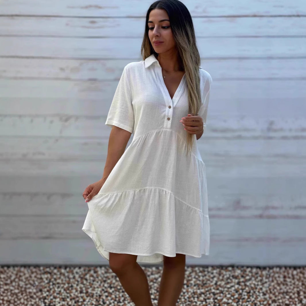 Solid V-Neck Short-Sleeve A-Line Midi Dress Main image