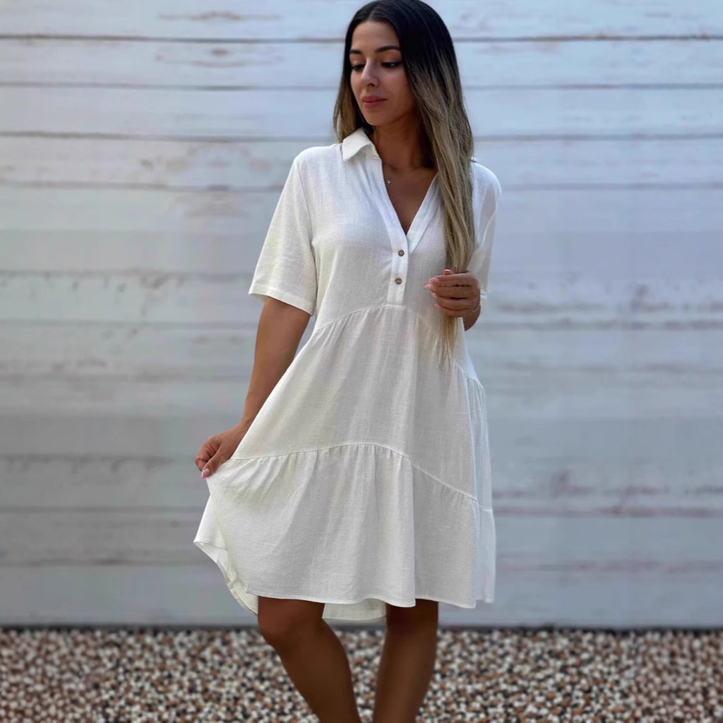 Solid V-Neck Short-Sleeve A-Line Midi Dress