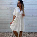 Solid V-Neck Short-Sleeve A-Line Midi Dress