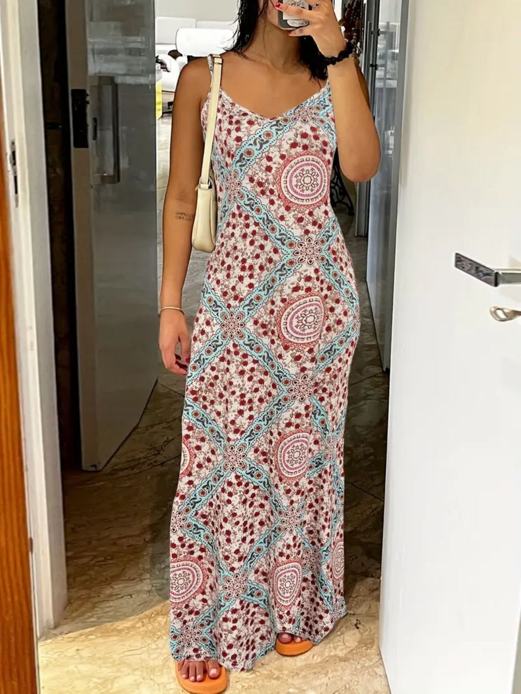 Printed Strapless Backless Maxi Dress for Women, V-Neck
