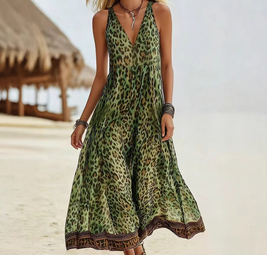 Printed Sleeveless V-Neck Maxi Dress