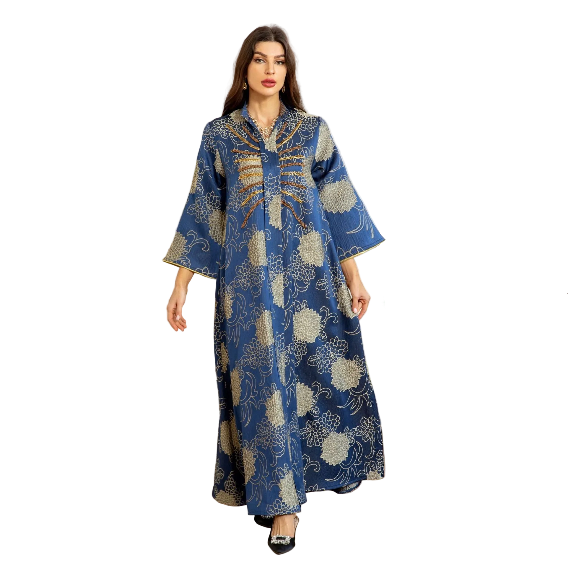 Embroidered V-Neck Maxi Dress for women with long sleeves Main image