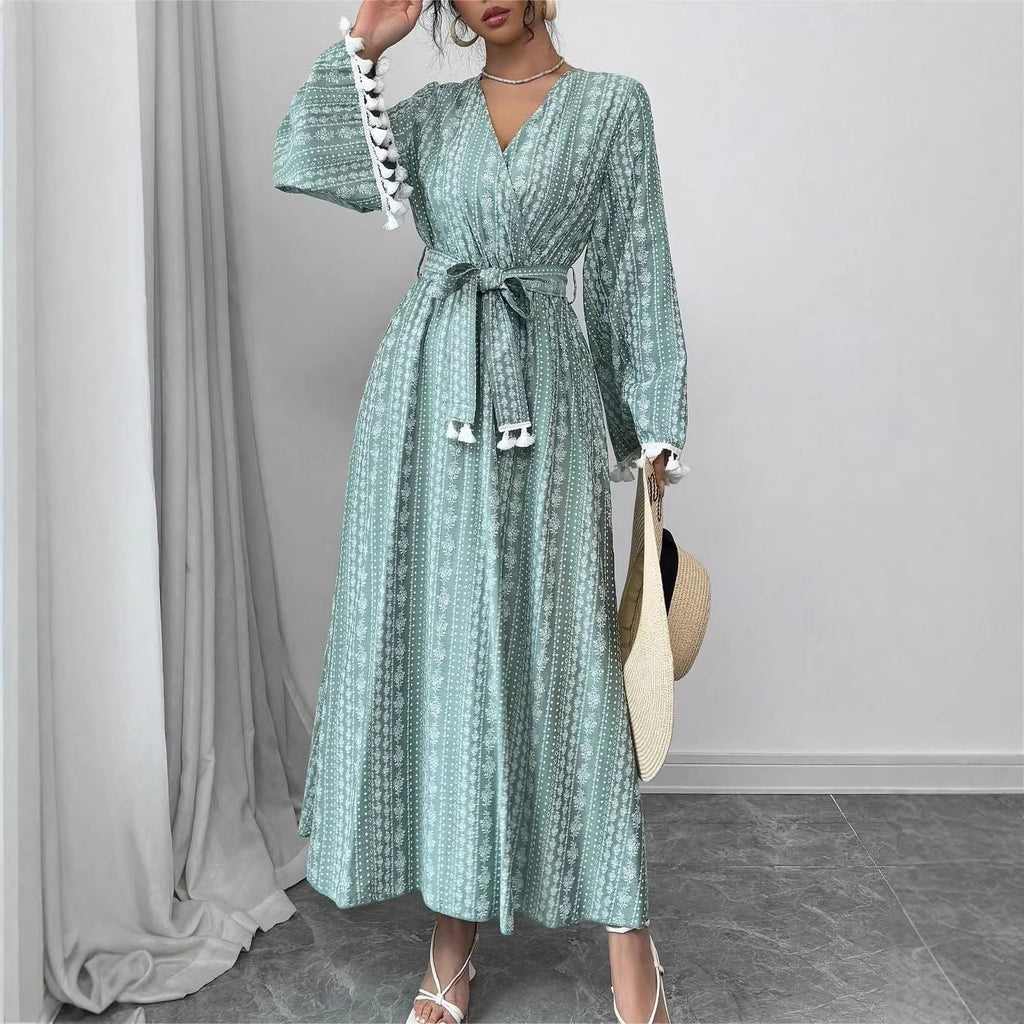 Lace Tassel Color-Block Maxi Dress for Women, Flared Sleeve