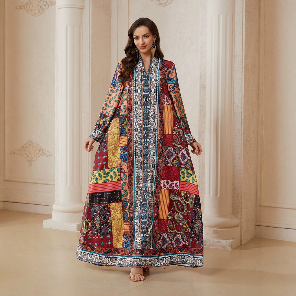 Red Printed Long-Sleeve Maxi Dress