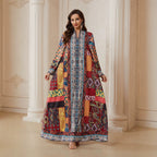 Red Printed Long-Sleeve Maxi Dress
