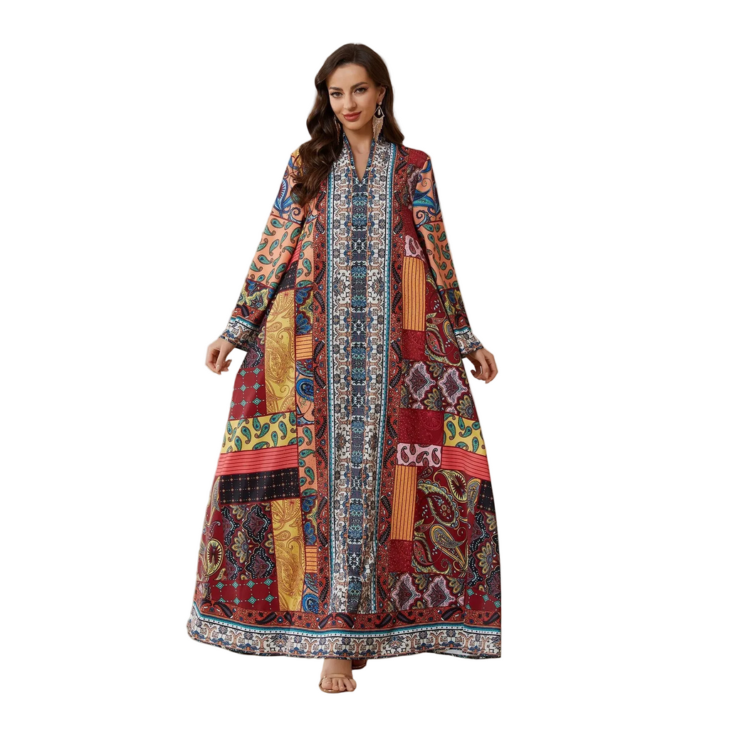Red Printed Long-Sleeve Maxi Dress for women with long sleeves