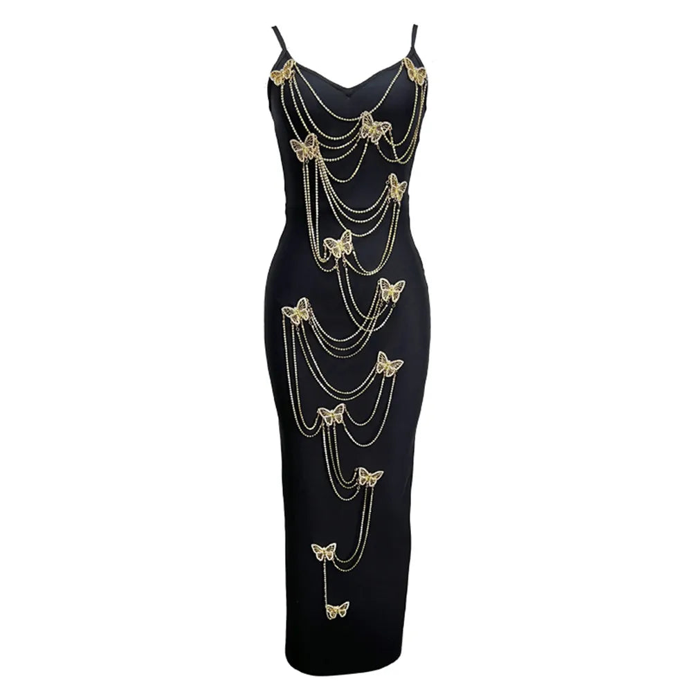 Embroidered Butterfly Bead Chain Maxi Dress for Women
