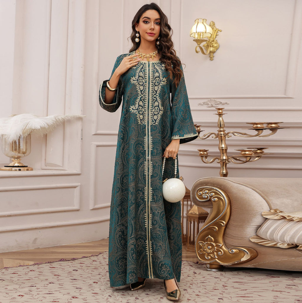Embroidered Lace-Up Kaftan Maxi Dress
