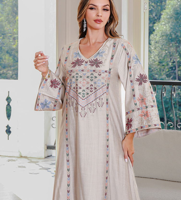 Floral Embroidered Beaded Robe Maxi Dress