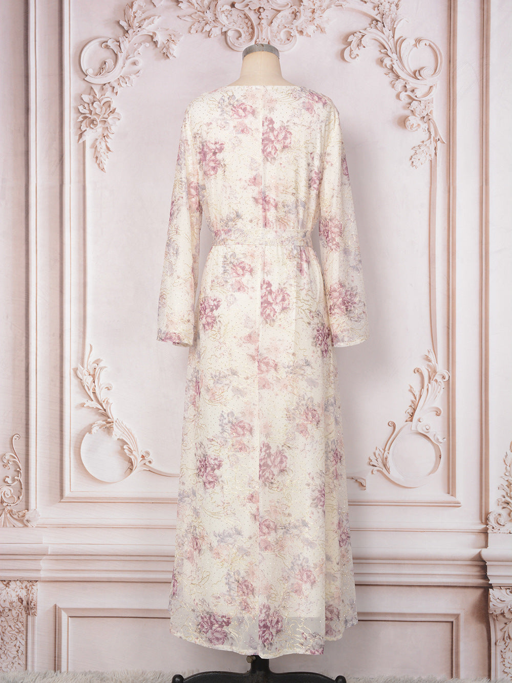 V-Neck Lace-Up Long-Sleeve Maxi Dress