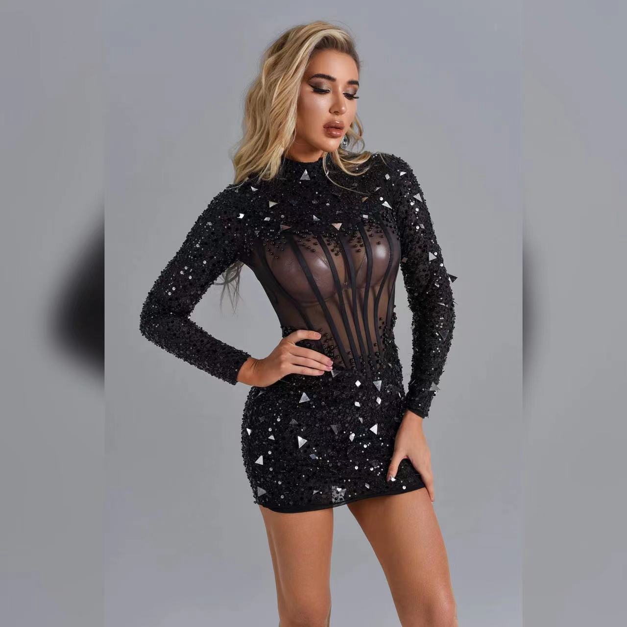 Sequin Mesh Beaded Long Sleeve Bandage Dress for Women, Party Main image
