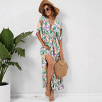 Printed V-Neck Waist-Cinched Maxi Dress