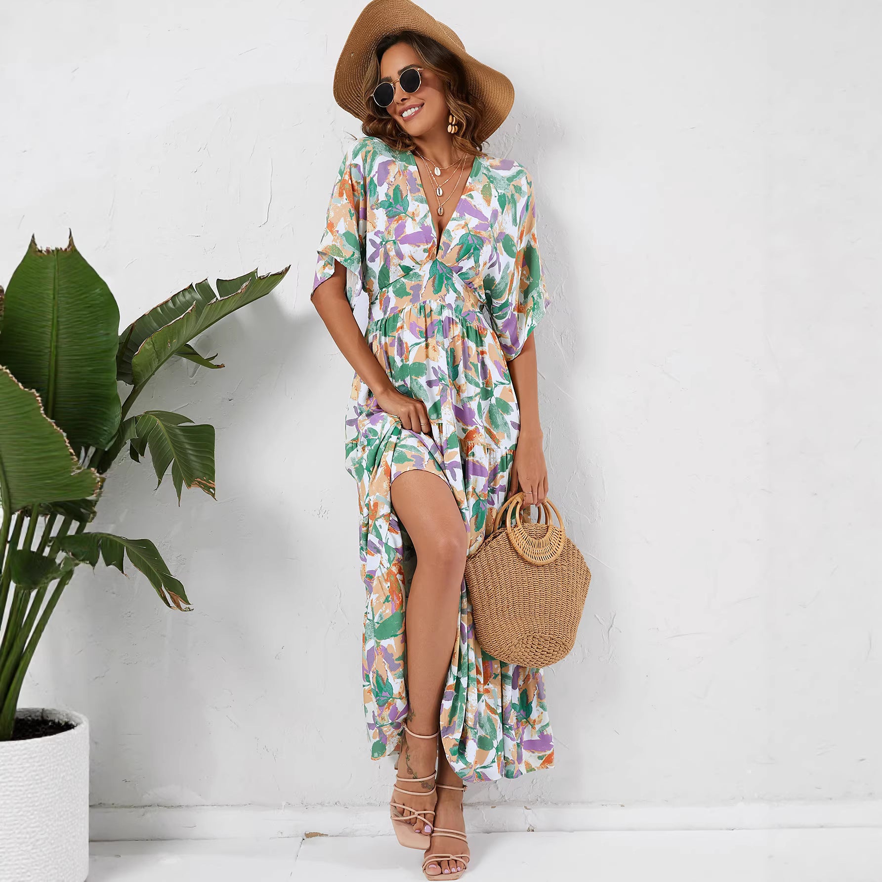 Printed V-Neck Waist-Cinched Maxi Dress