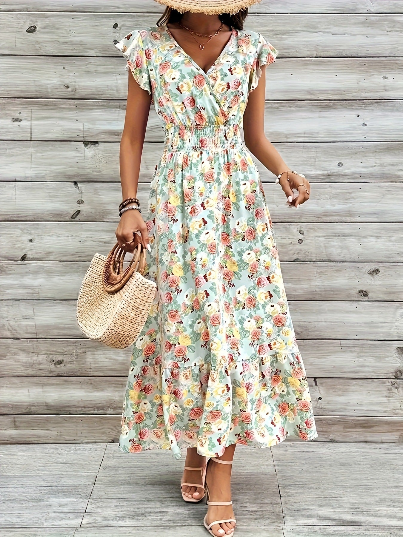 Floral Print V-Neck High-Waist A-Line Dress for Women
