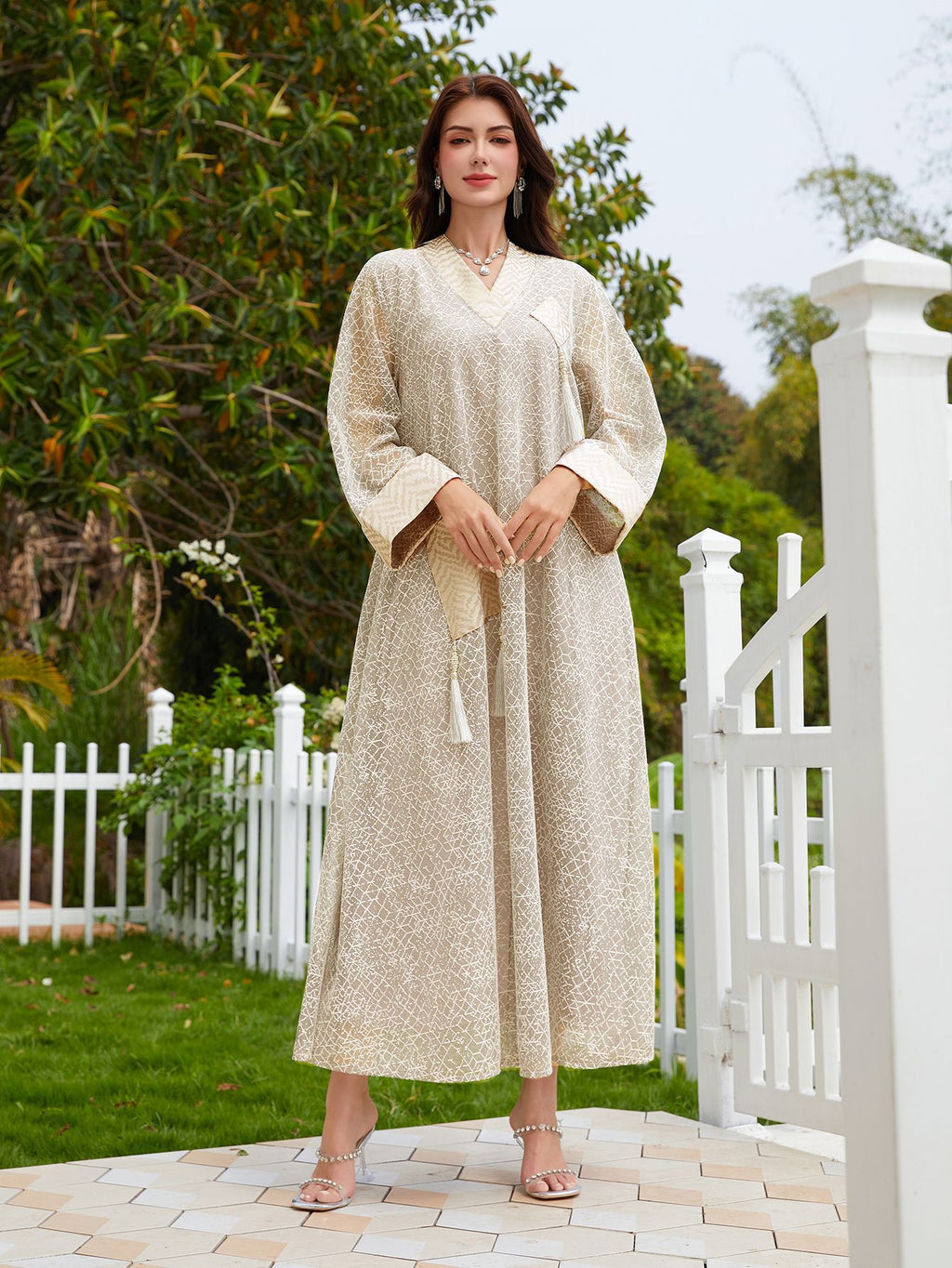 Mesh Tassel Long-Sleeve Maxi Dress
