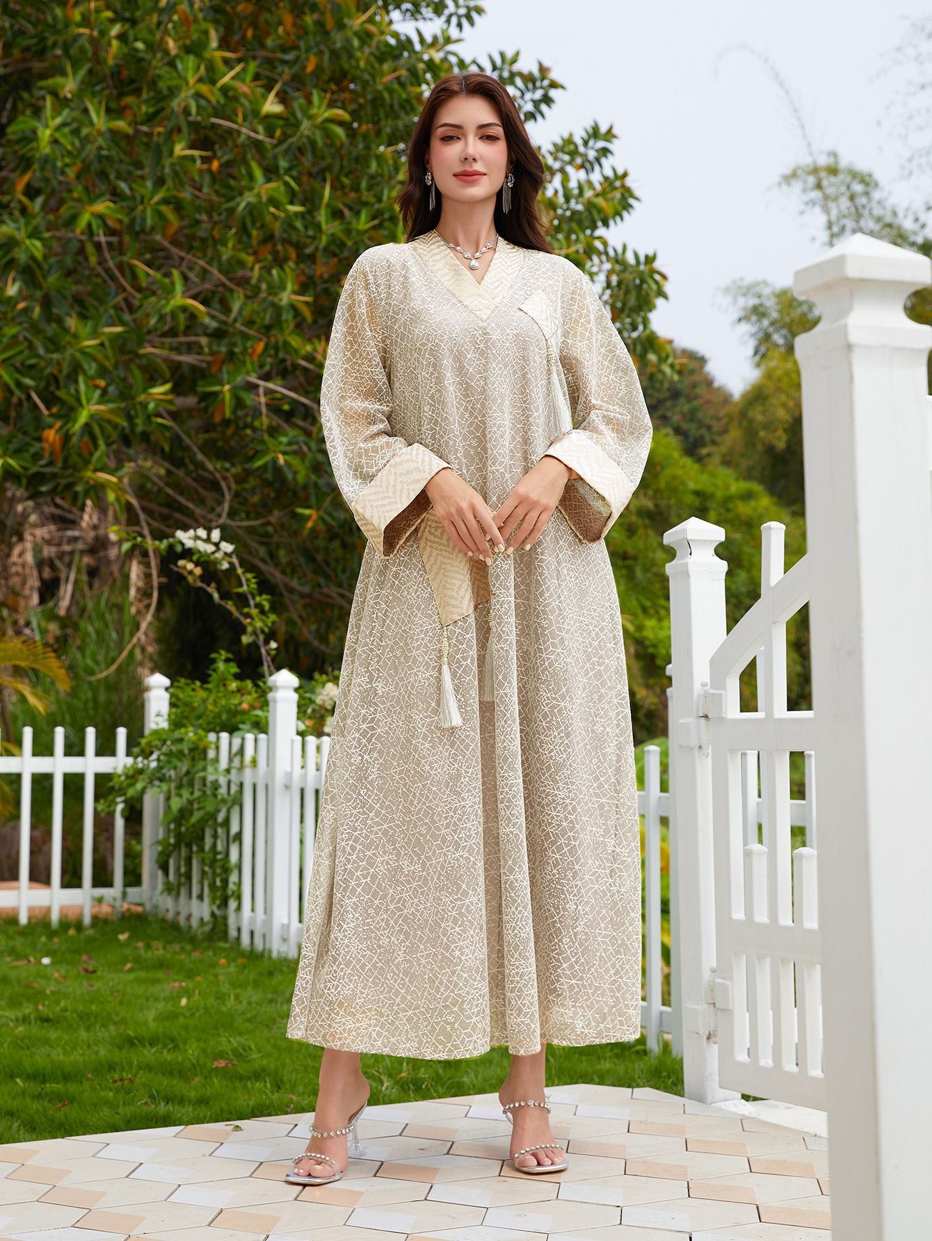 Mesh Tassel Long-Sleeve Maxi Dress