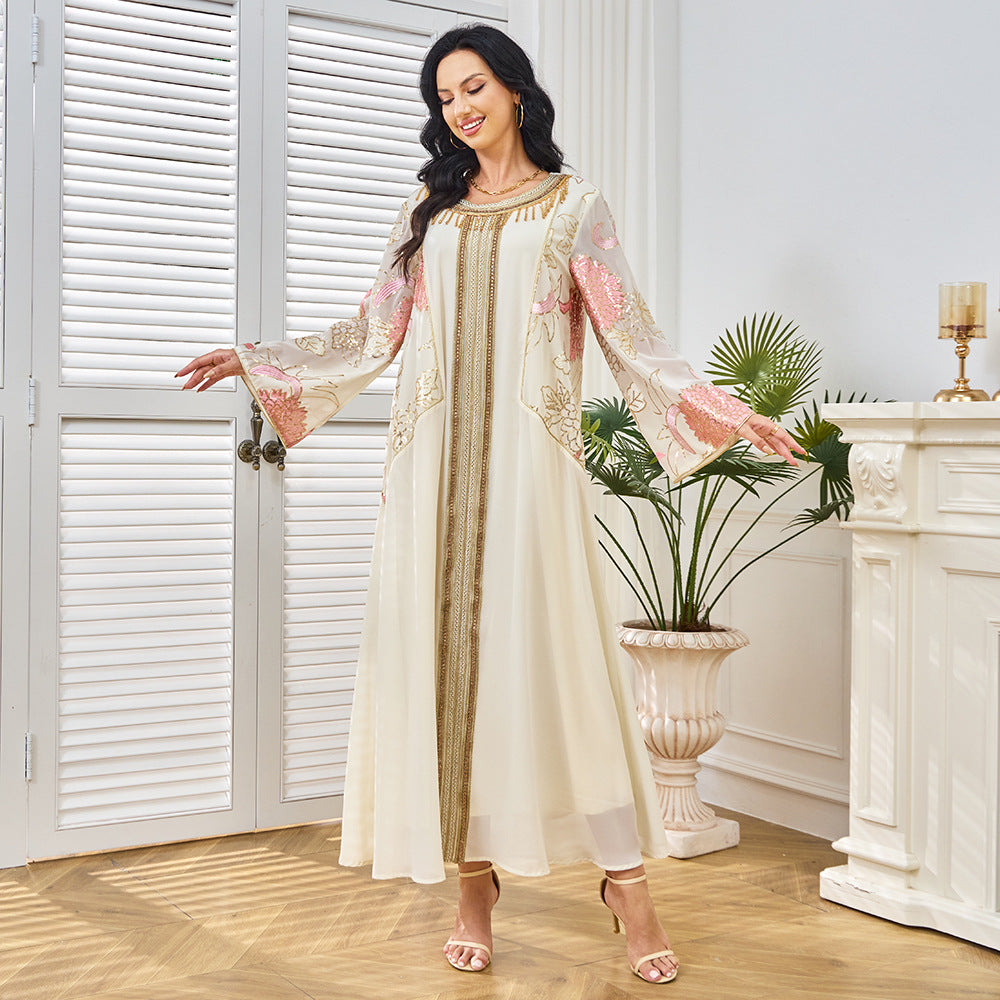 Embroidered Apricot Long-Sleeve Maxi Dress