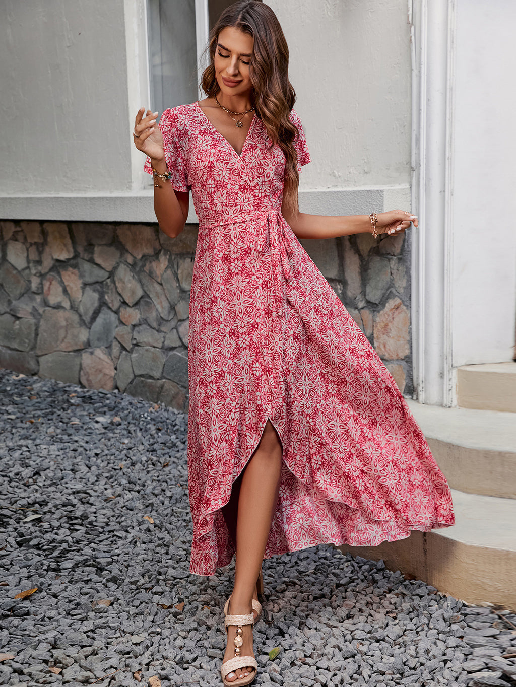 Floral V-Neck Irregular-Hem Maxi Dress
