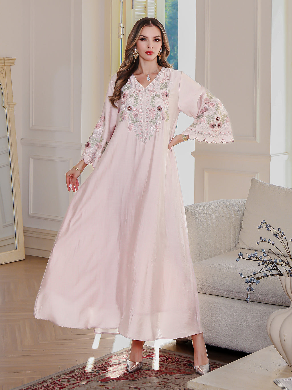 Embroidered Floral Robe Maxi Dress