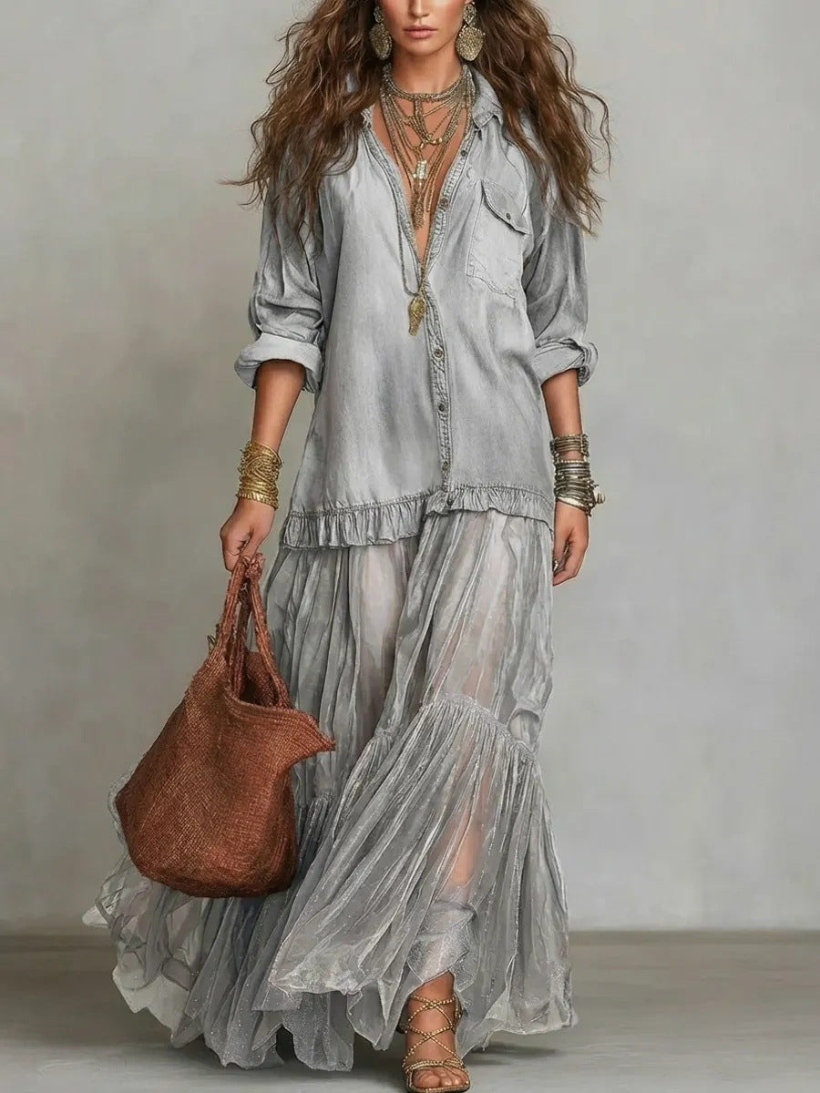 Denim-Look Chiffon Maxi Dress, Long Sleeve