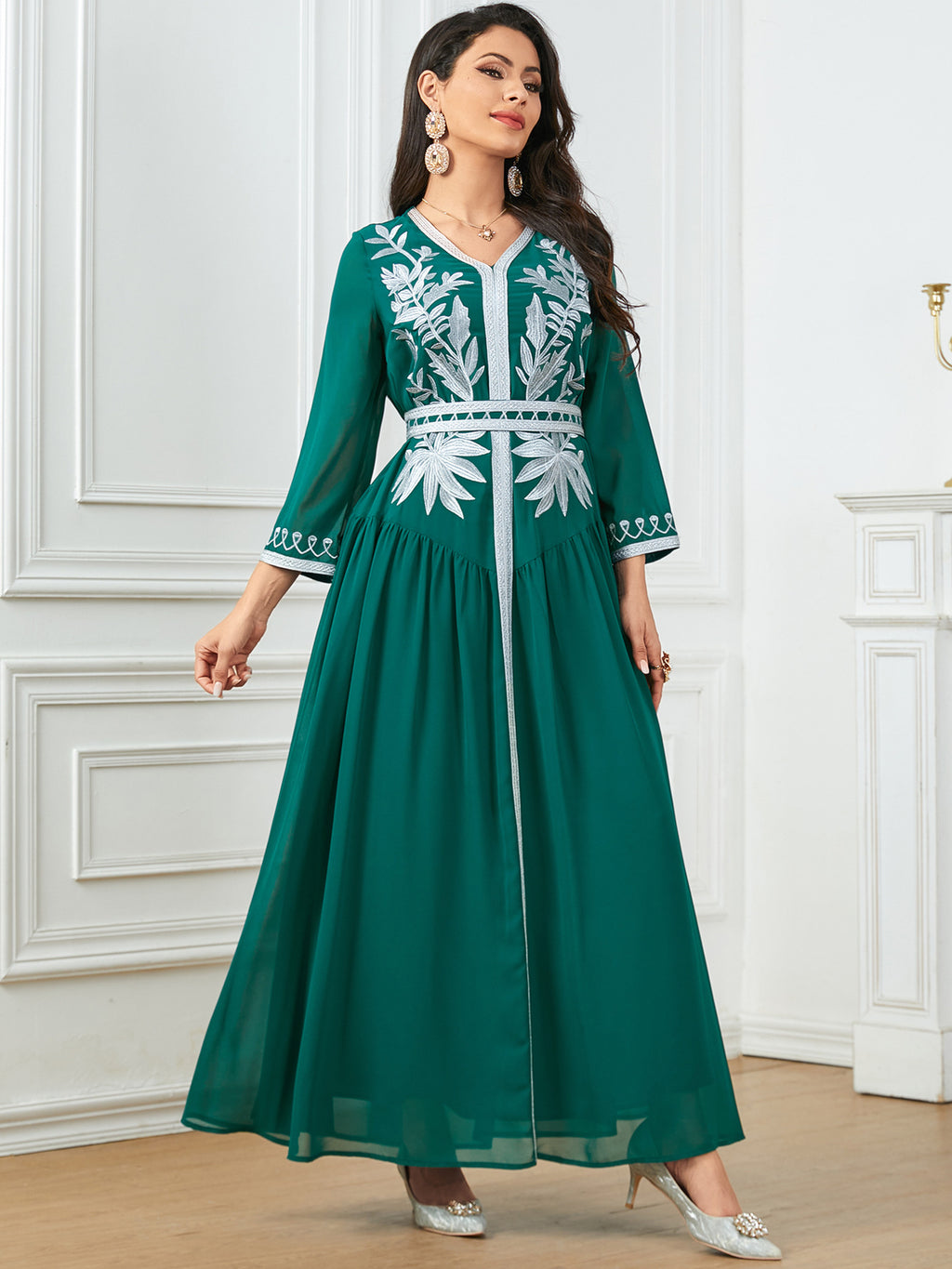 Embroidered V-Neck Robe Maxi Dress