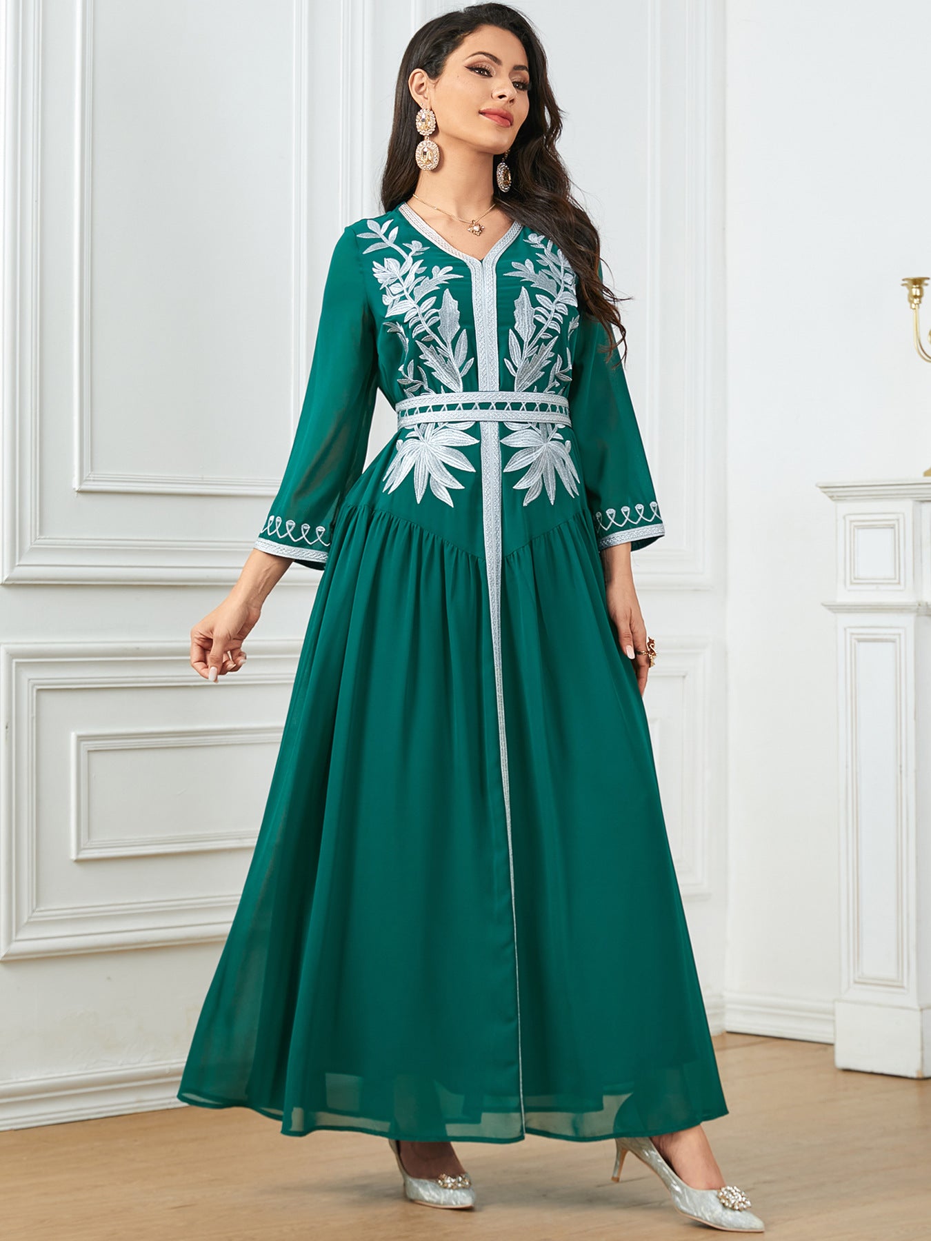 Embroidered V-Neck Robe Maxi Dress