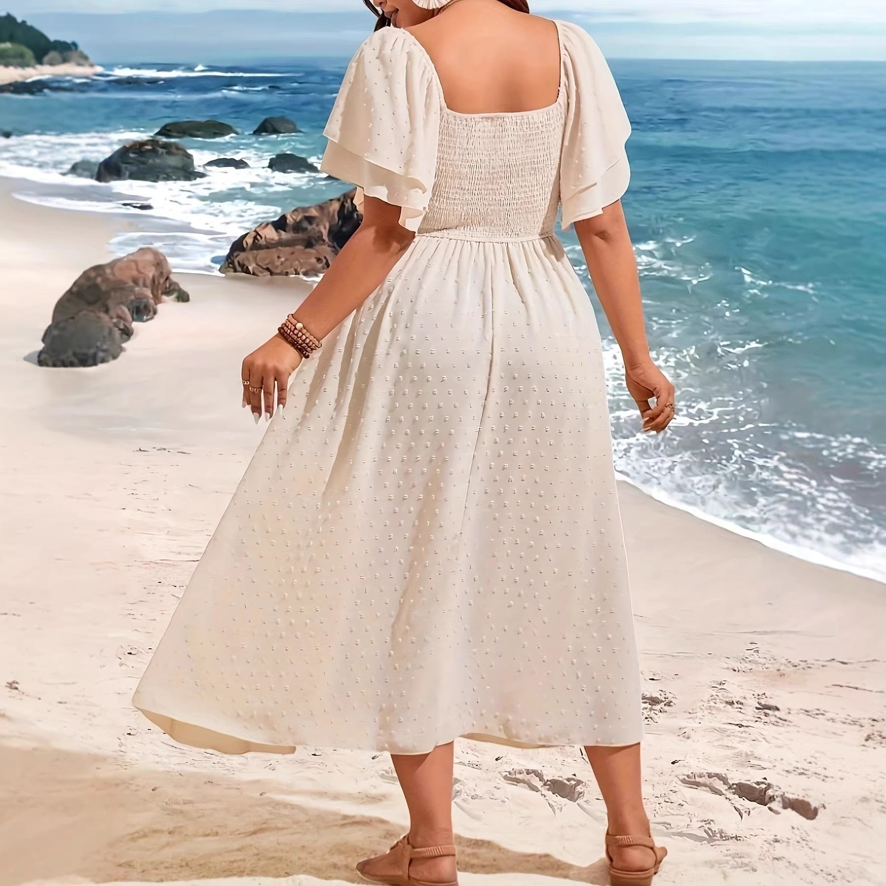 Hollow Lace Tie-Waist V-Neck Maxi Dress for Women, Plus Size