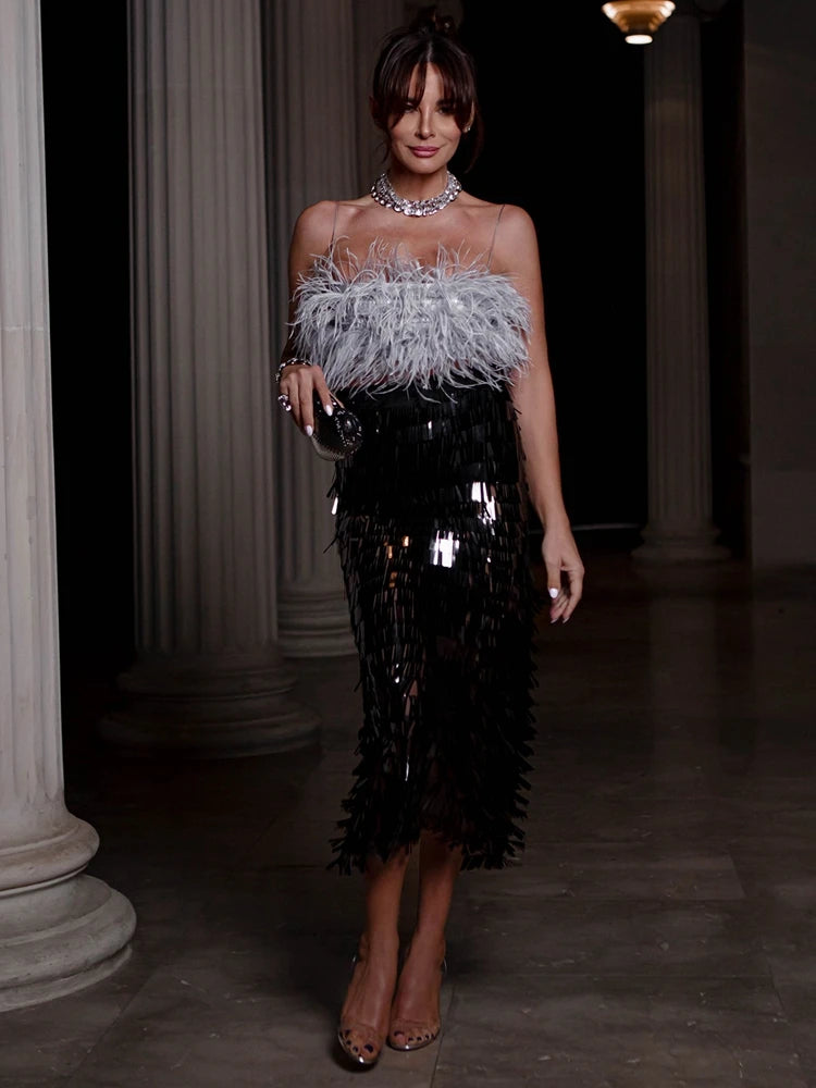 Ostrich Feather Strap Top & Sequin Skirt Co-ord Set for Women