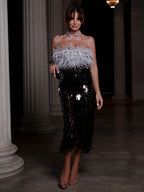 Ostrich Feather Strap Top & Sequin Skirt Co-ord Set for Women