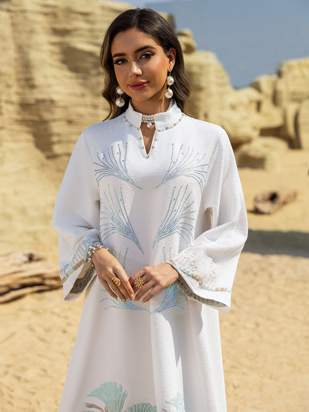 Embroidered Rhinestone Knit Maxi Dress