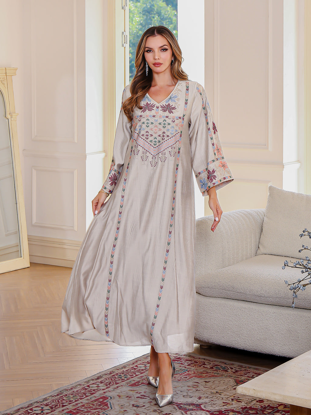 Floral Embroidered Beaded Robe Maxi Dress