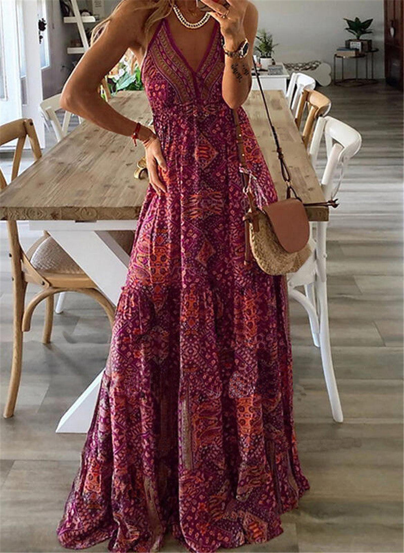 Floral Print Sleeveless V-Neck Maxi Dress
